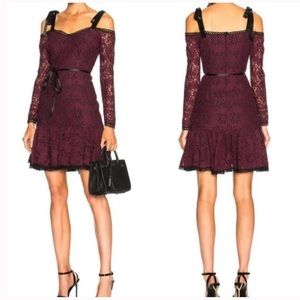 NWT Alexis Sophie Burgundy Lace Off Shoulder Tie Shoulder Dress. Small